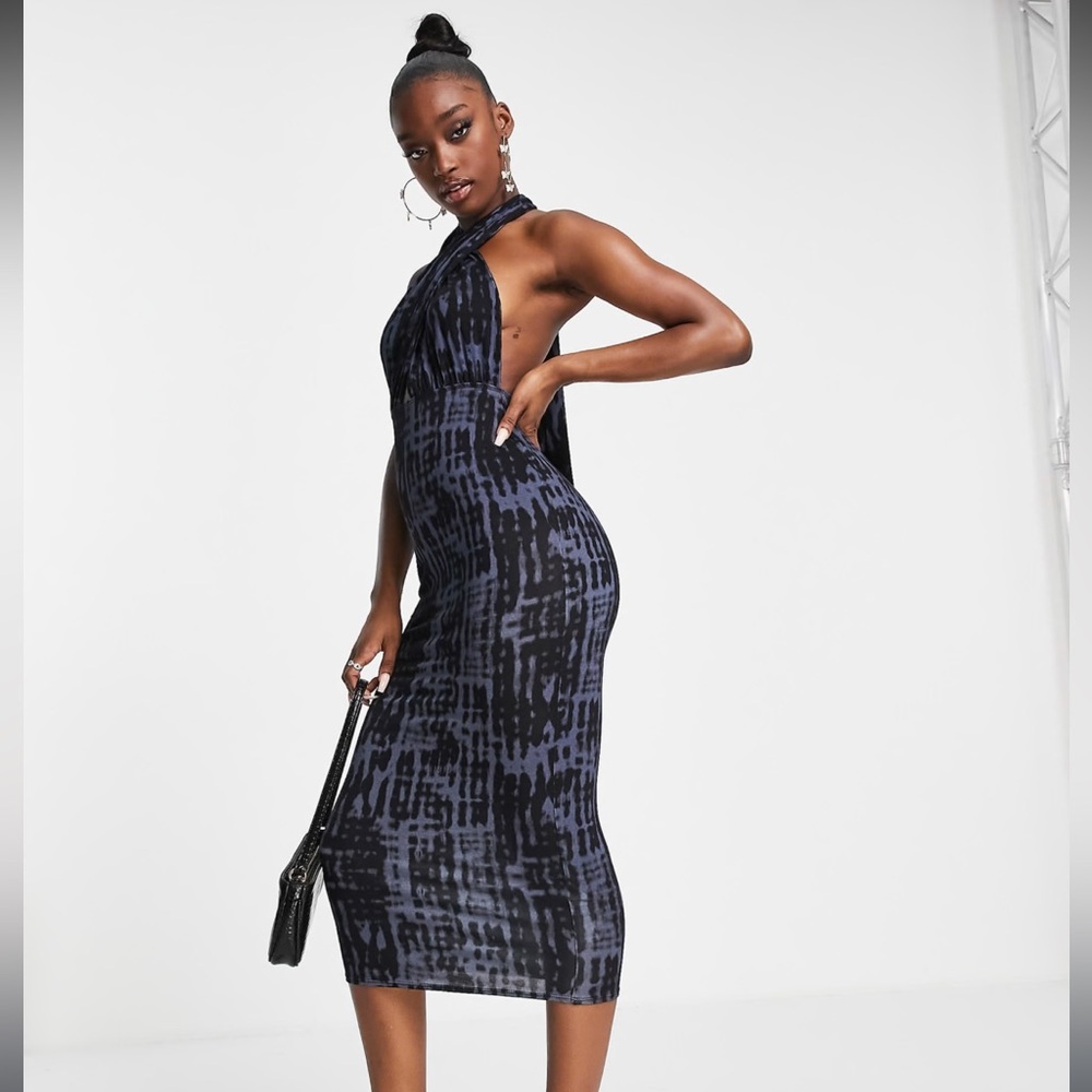 NWT ASOS Halter Dress Midi Blue Black Tie Dye Summer Beach Vacation Dress 0